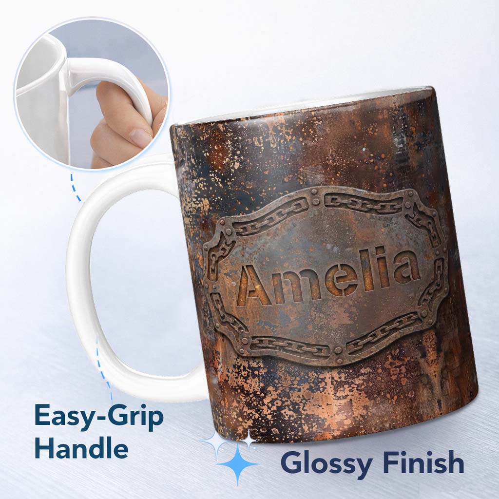 Personalized Custom Name Corroded Metal Rust Texture Seamless Pattern Grunge Background 11oz Ceramic Coffee Tea Mug White Large Handle