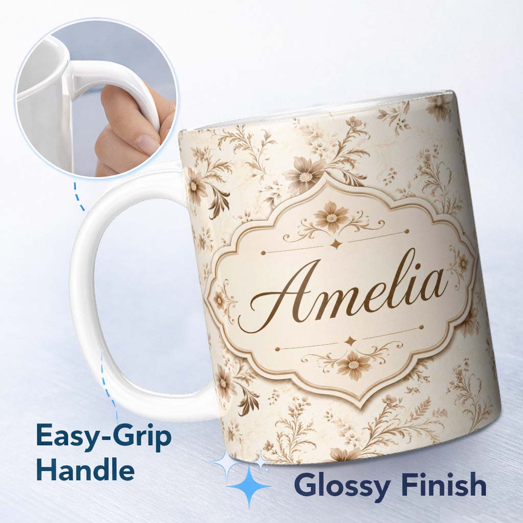 Personalized Custom Name Vintage Beige Floral Pattern with Soft Botanical Sprigs Seamless 11oz Ceramic Coffee Tea Mug White Large Handle