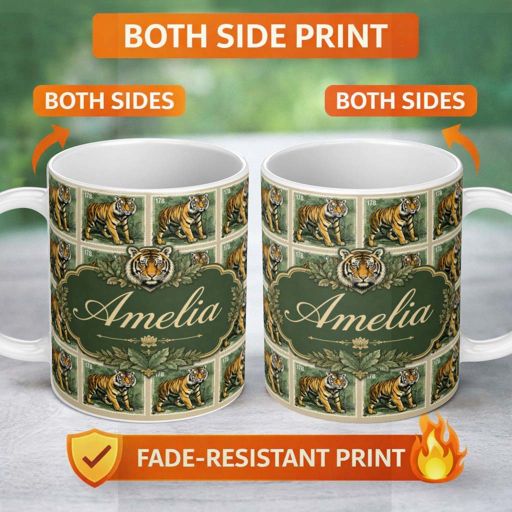 Personalized Custom Name Classic Tiger Full Body Stamp Design Seamless Pattern Lovely 11oz Ceramic Coffee Tea Mug White Large Handle