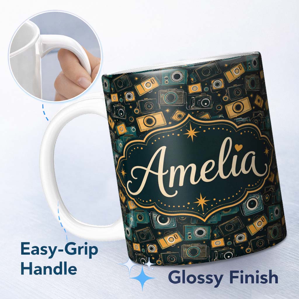 Personalized Custom Name Retro Camera Night Sky Seamless Pattern with Stars Dark Background 11oz Ceramic Coffee Tea Mug White Large Handle