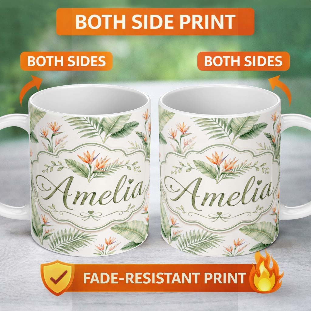 Personalized Custom Name Watercolor Tropical Banana Leaves and Bird of Paradise Floral Lovely 11oz Ceramic Coffee Tea Mug White Large Handle