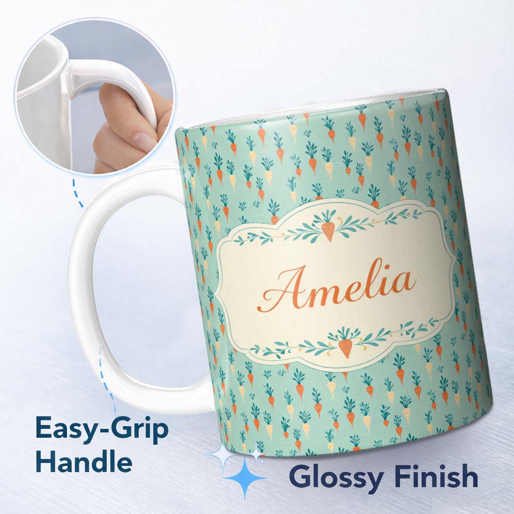 Personalized Custom Name Pastel Carrot Folk Art Style Seamless Pattern Mint Background Lovely 11oz Ceramic Coffee Tea Mug White Large Handle