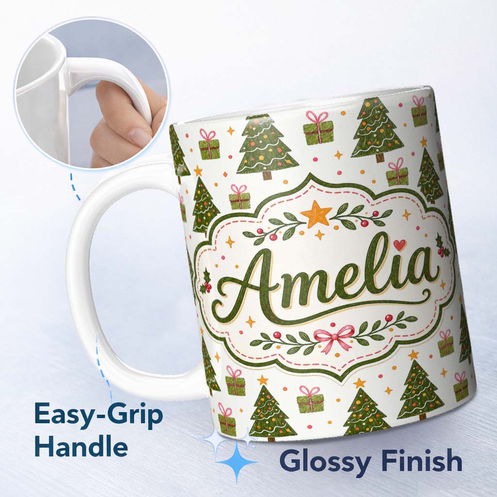 Personalized Custom Name Minimal Christmas Trees with Small Gifts Cute Holiday Seamless 11oz Ceramic Coffee Tea Mug White Large Handle