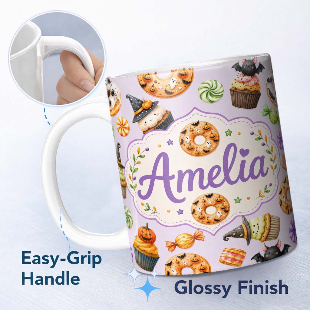 Personalized Custom Name Cute Halloween Donut Sweet Spooky Treats Soft Lilac Background 11oz Ceramic Coffee Tea Mug White Large Handle