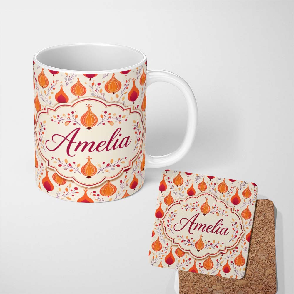 Personalized Custom Name Bright Orange Onion Seamless Pattern Modern Folk Botanical Design 11oz Ceramic Coffee Tea Mug White Large Handle