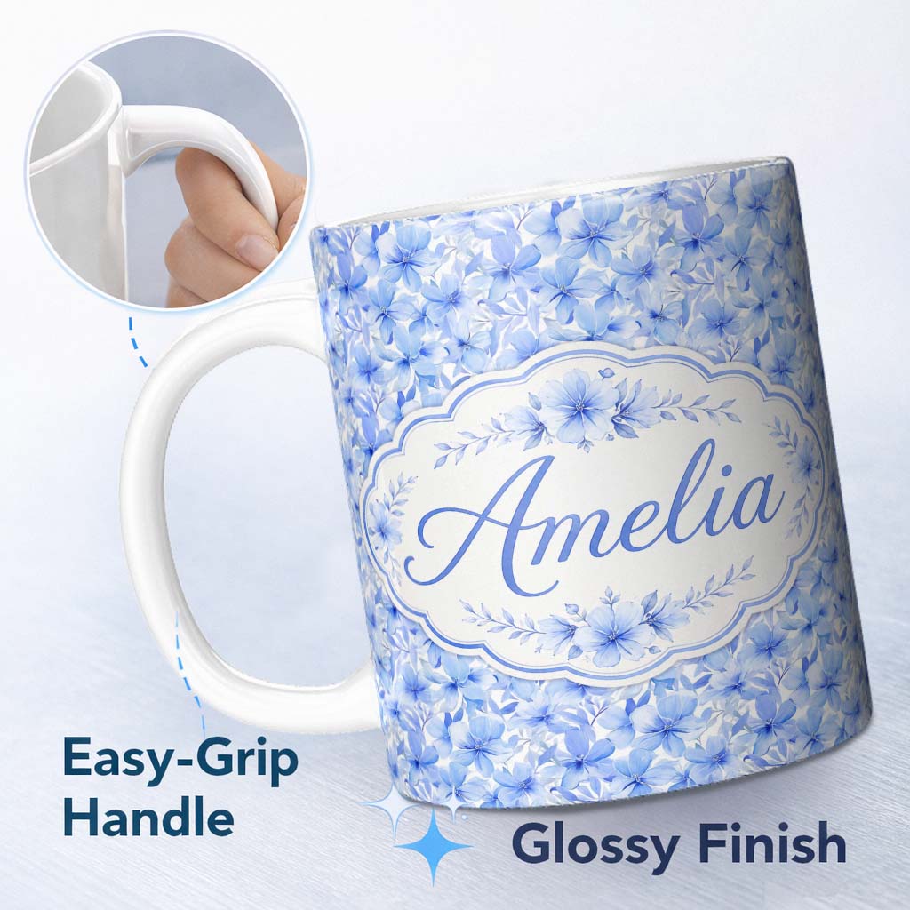 Personalized Custom Name Blue Watercolor Floral Dense Seamless Pattern Elegant Botanical 11oz Ceramic Coffee Tea Mug White Large Handle