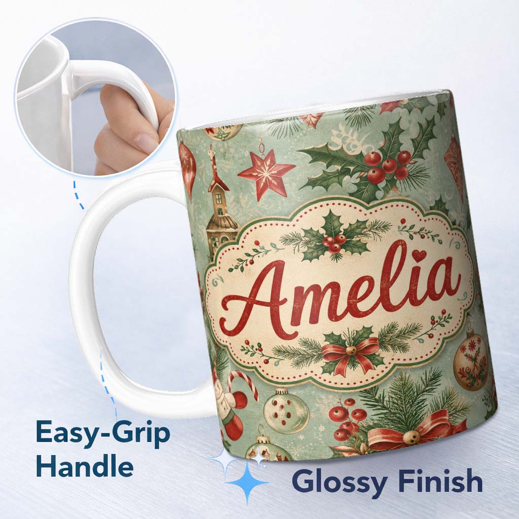 Personalized Custom Name Christmas Ornament Holly Snowman Festive Seamless Pattern Lovely 11oz Ceramic Coffee Tea Mug White Large Handle