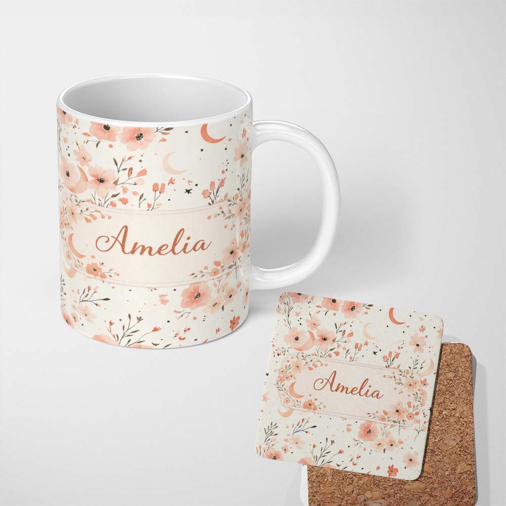 Personalized Custom Name Peach Floral Moon Seamless Pattern Stylish Everyday Mug Lovely 11oz Ceramic Coffee Tea Mug White Large Handle