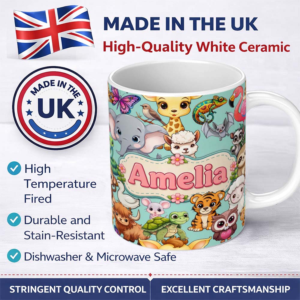 Personalized Custom Name Cute Cartoon Jungle Safari Animals Seamless Pattern on Teal Lovely 11oz Ceramic Coffee Tea Mug White Large Handle