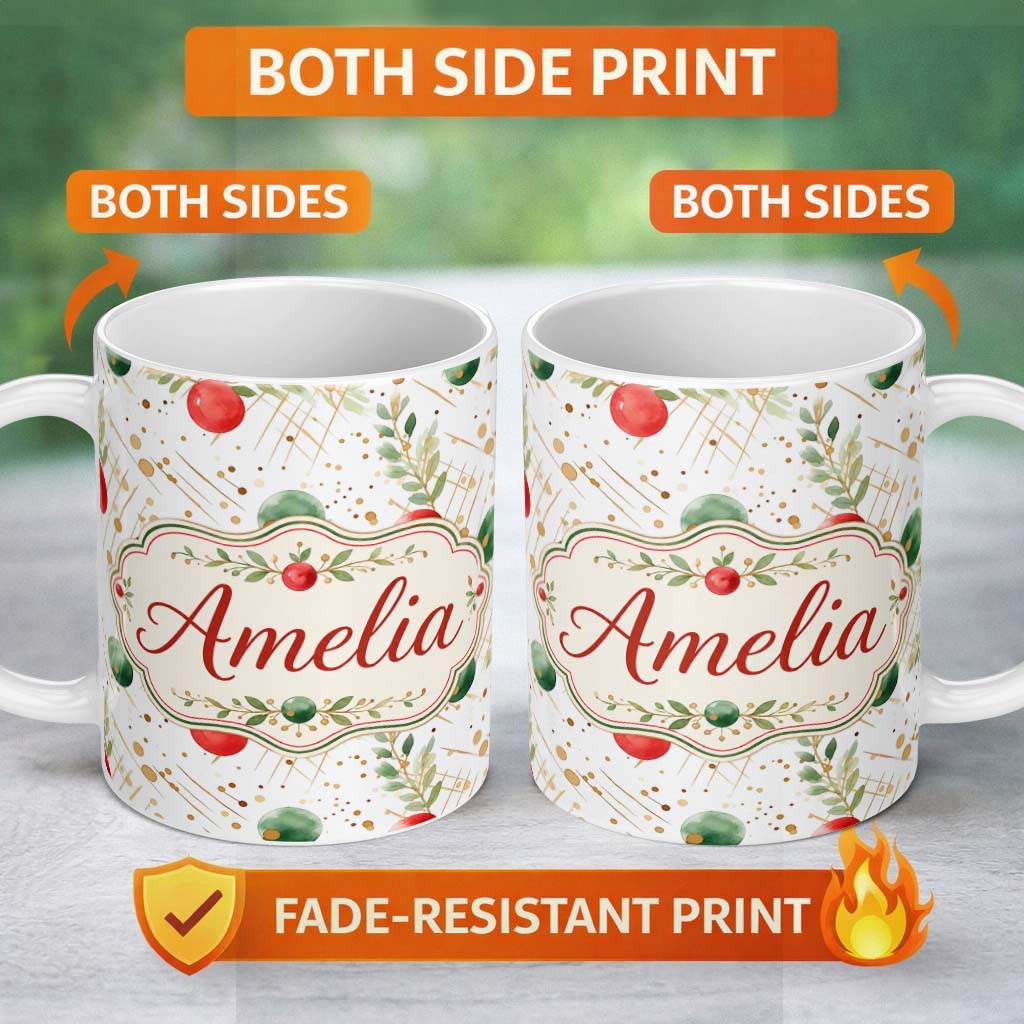 Personalized Custom Name Modern Red Green Baubles Gold Splash Festive Seamless Pattern Lovely 11oz Ceramic Coffee Tea Mug White Large Handle