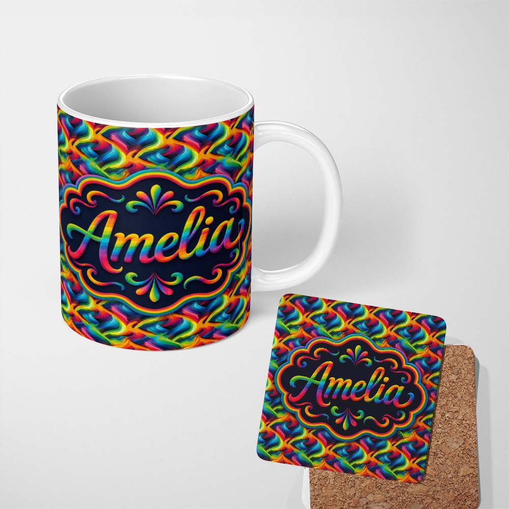 Personalized Custom Name Bold Multicolour Abstract Wave Lines Seamless Pattern Lovely 11oz Ceramic Coffee Tea Mug White Large Handle