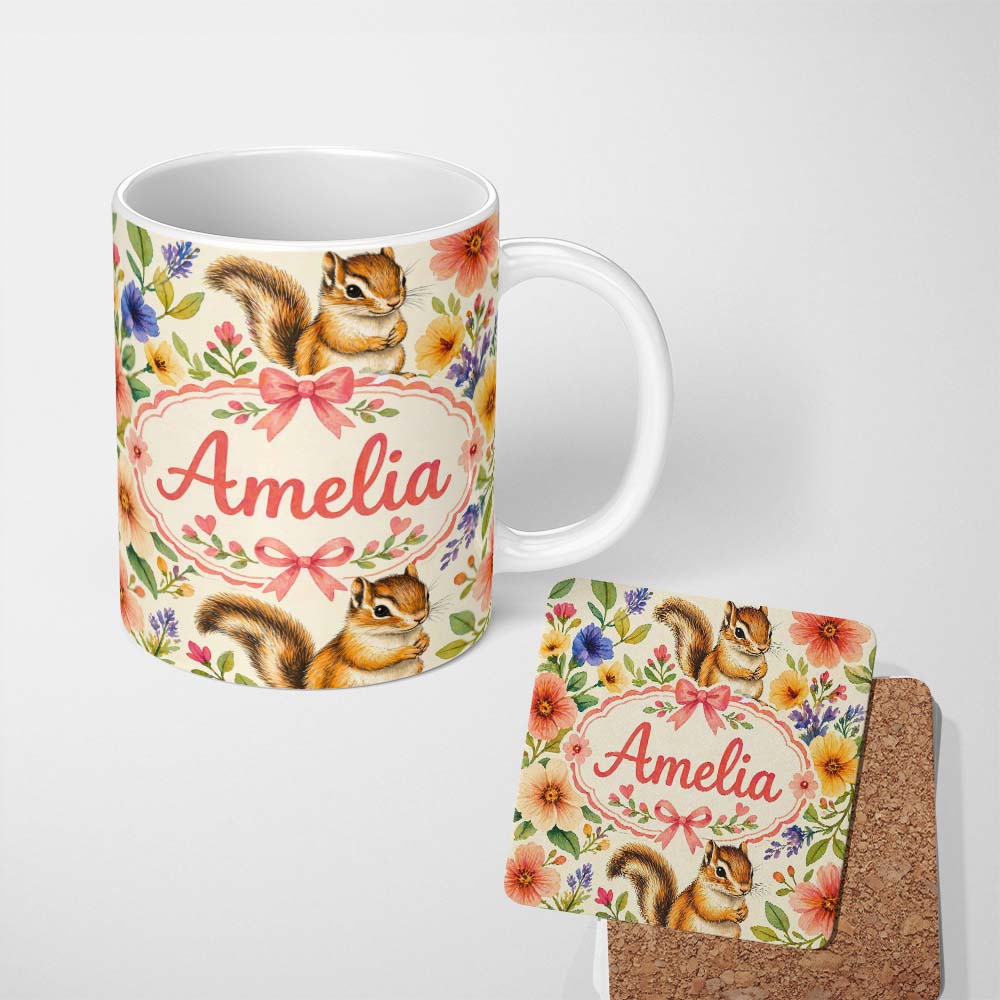 Personalized Custom Name Watercolor Chipmunk Wildflower Botanical Seamless Pattern Lovely 11oz Ceramic Coffee Tea Mug White Large Handle