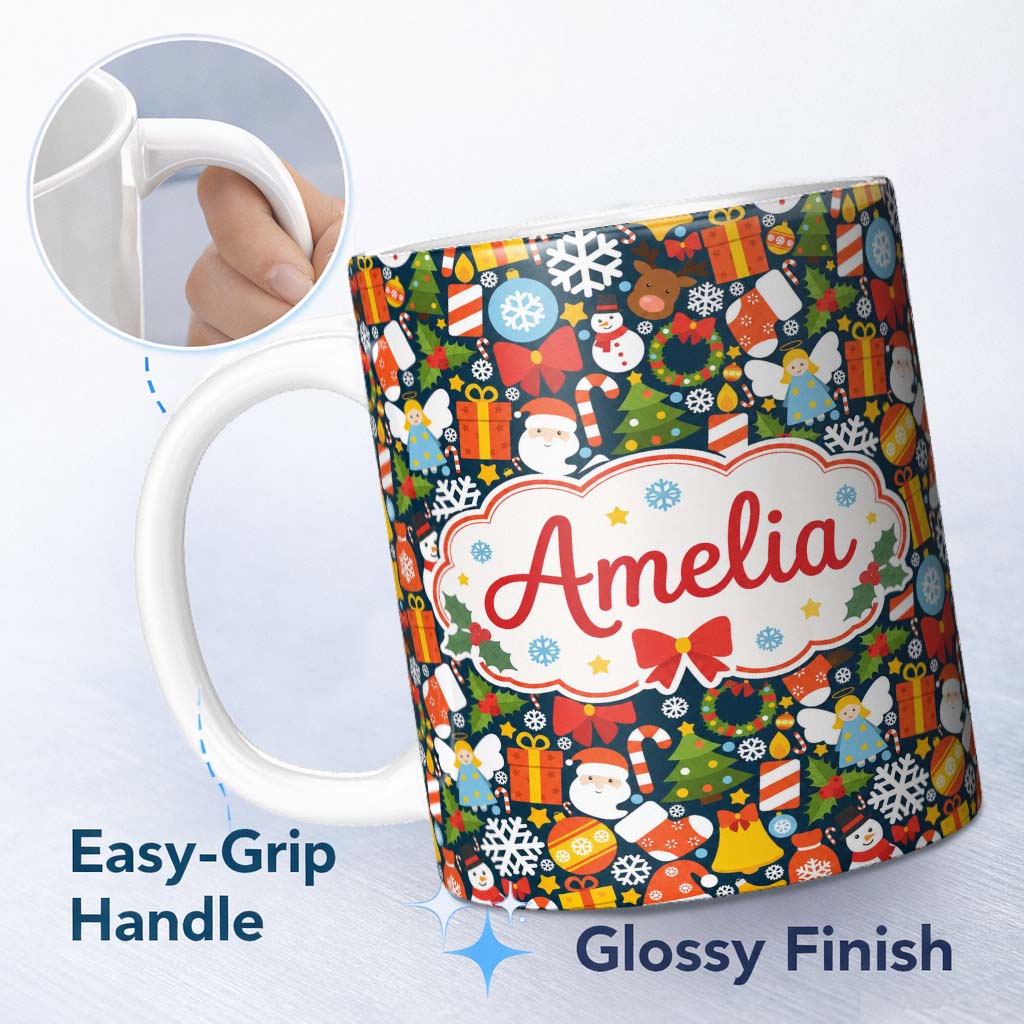 Personalized Custom Name Cute Christmas Tree Snowman Reindeer Gift Snowflake Seamless Pattern 11oz Ceramic Coffee Tea Mug White Large Handle