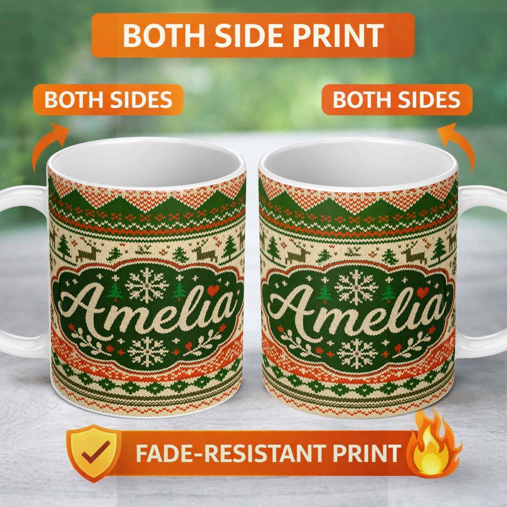 Personalized Custom Name Nordic Zigzag Knit Green Red Cream Geometric Festive Sweater Style 11oz Ceramic Coffee Tea Mug White Large Handle