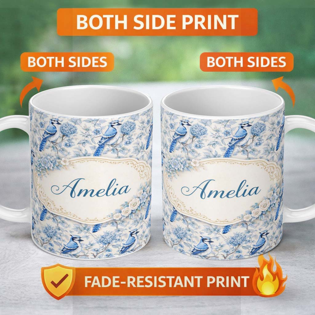 Personalized Custom Name Blue Jay Bird Floral Garden Detailed Botanical Illustration Design 11oz Ceramic Coffee Tea Mug White Large Handle