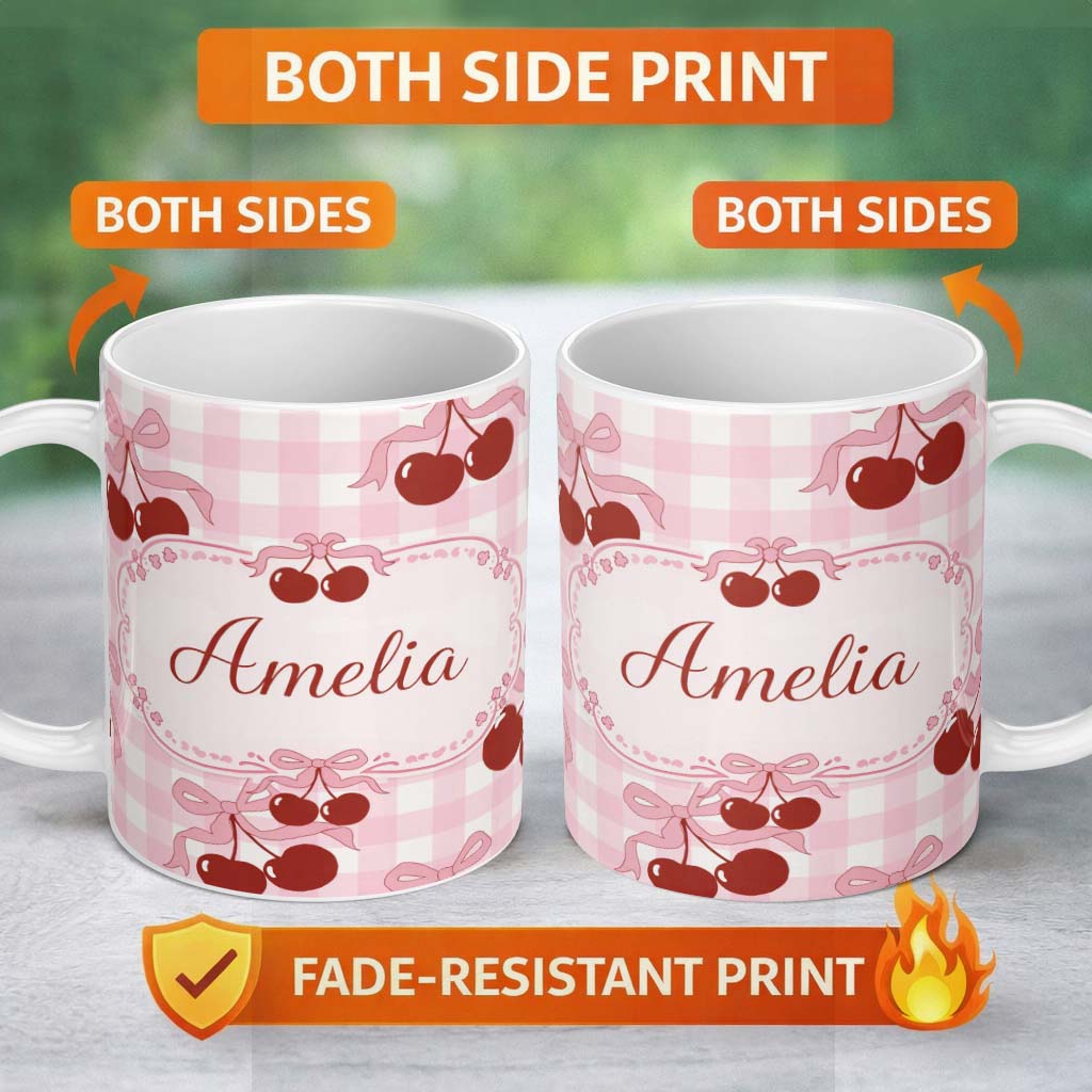 Personalized Custom Name Cherry Bow Ribbon Cute Pink Gingham Soft Check Seamless Pattern 11oz Ceramic Coffee Tea Mug White Large Handle