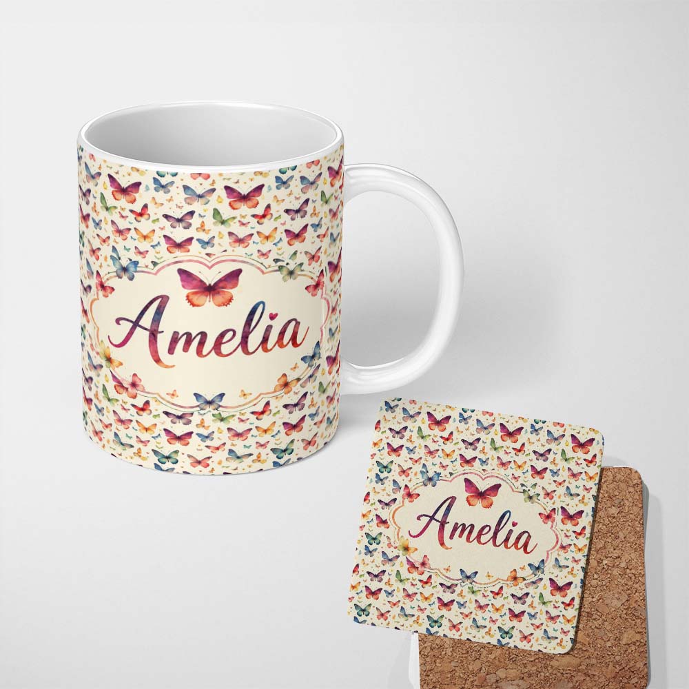 Personalized Custom Name Colorful Mixed Butterflies with Soft Neutral Background Seamless 11oz Ceramic Coffee Tea Mug White Large Handle
