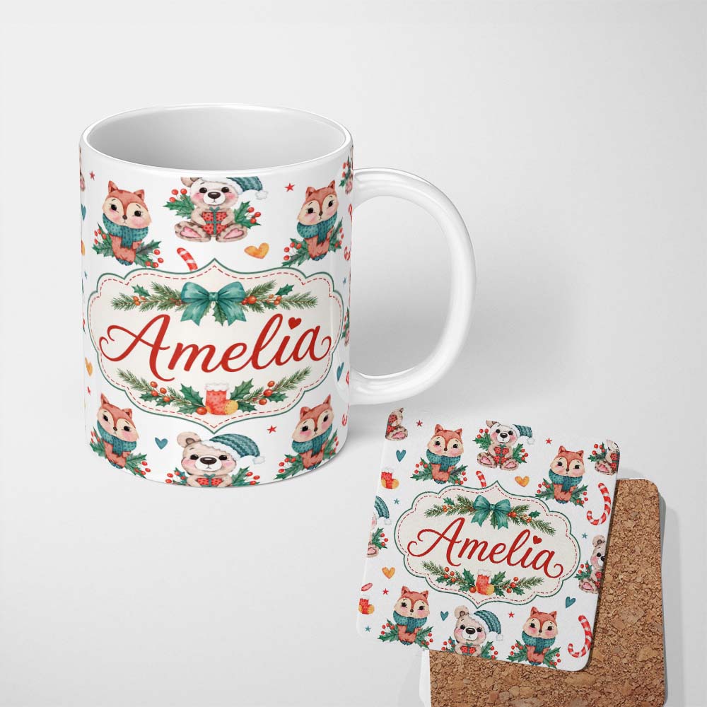 Personalized Custom Name Cute Woodland Animals Bear Fox Christmas Theme Seamless Pattern 11oz Ceramic Coffee Tea Mug White Large Handle