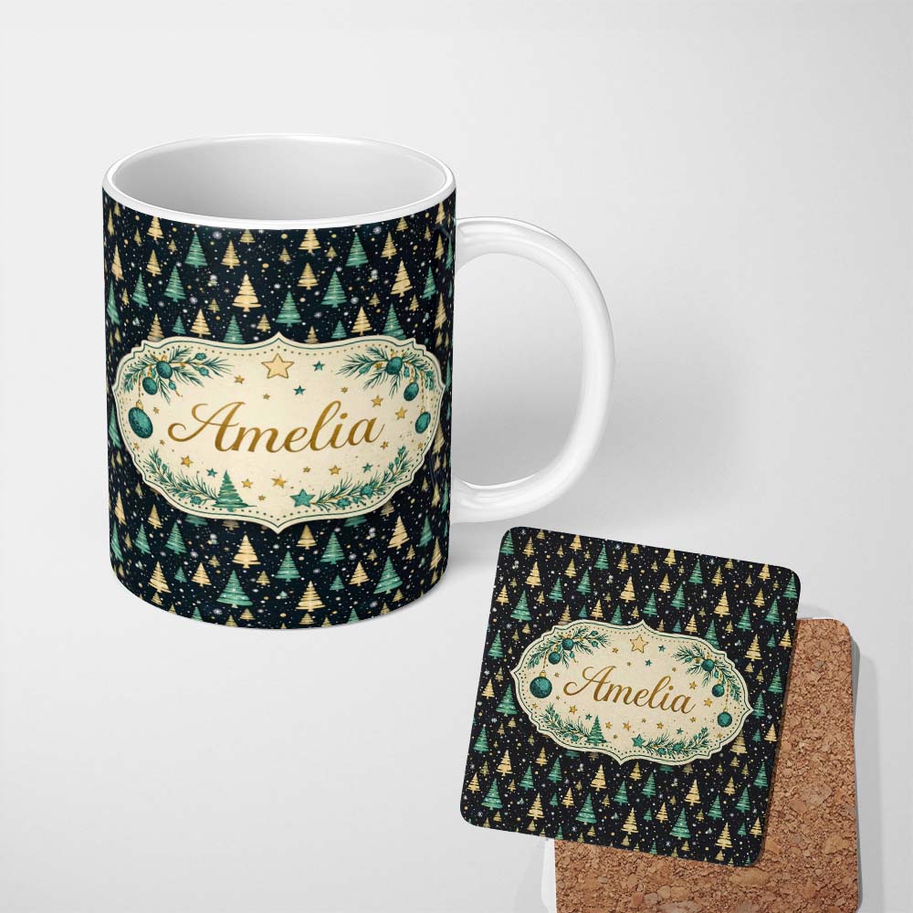 Personalized Custom Name Elegant Gold Green Christmas Trees Night Seamless Pattern Lovely 11oz Ceramic Coffee Tea Mug White Large Handle