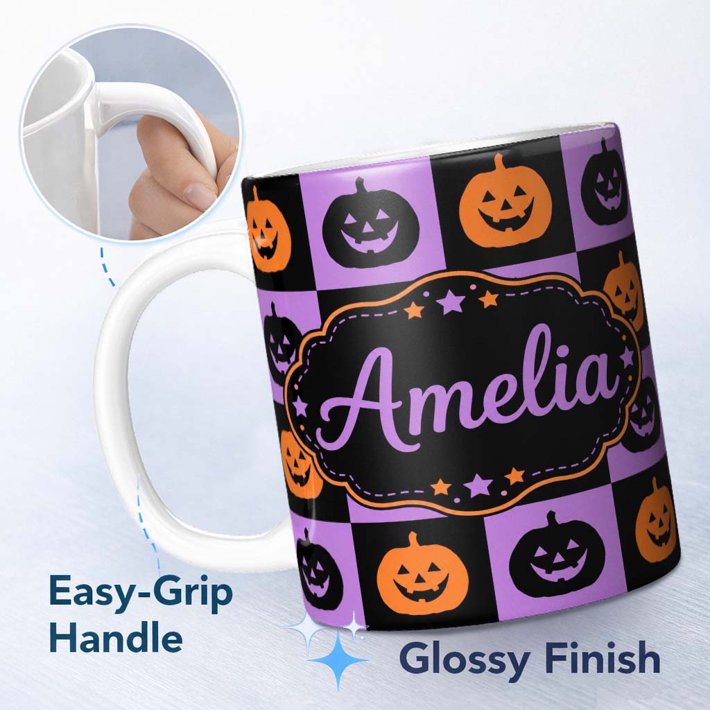 Personalized Custom Name Black Orange Pumpkin Checkerboard Halloween Seamless Pattern UK 11oz Ceramic Coffee Tea Mug White Large Handle