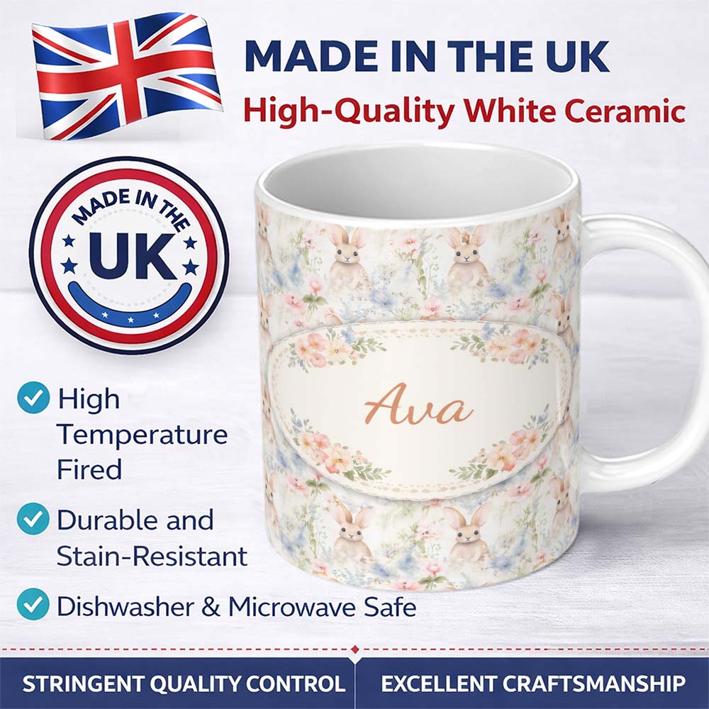 Personalized Custom Name Soft Vintage Bunny Floral Garden Seamless Pattern Cute Unique Gift 11oz Ceramic Coffee Tea Mug White Large Handle