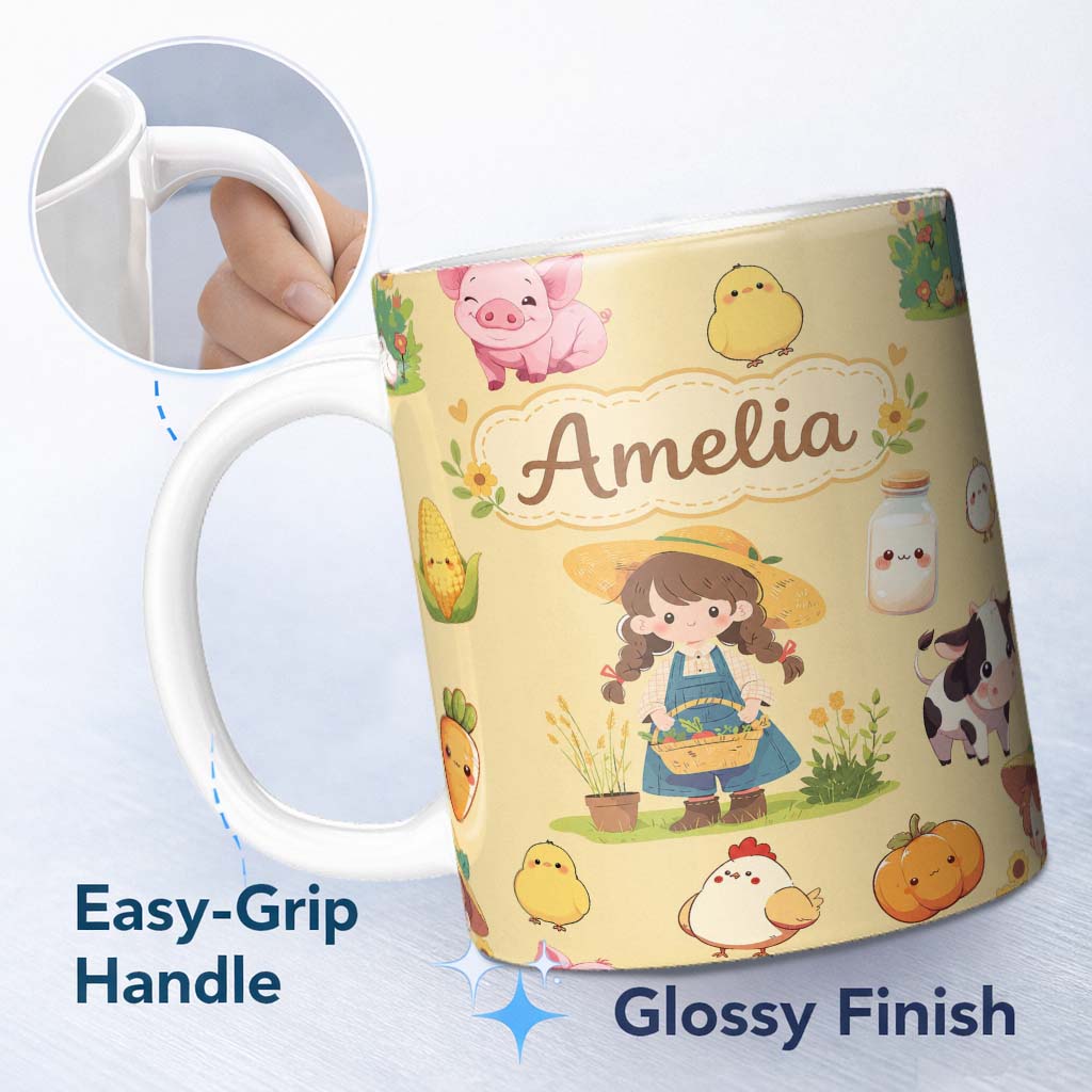 Personalized Custom Name Cute Farm Girl Pig Cow Chicken Corn Milk Yellow Background Seamless 11oz Ceramic Coffee Tea Mug White Large Handle