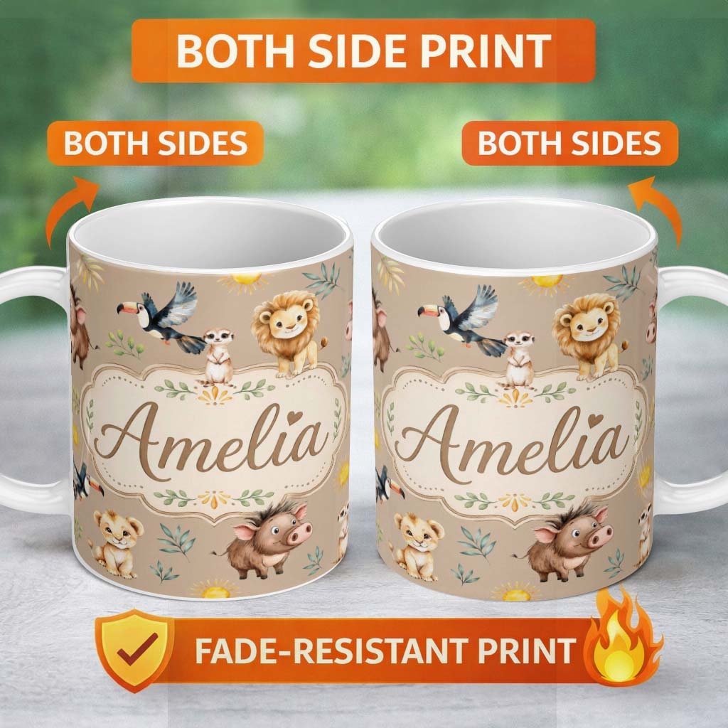 Personalized Custom Name Jungle Animals Lion Meerkat Toucan Boar on Warm Beige Seamless 11oz Ceramic Coffee Tea Mug White Large Handle
