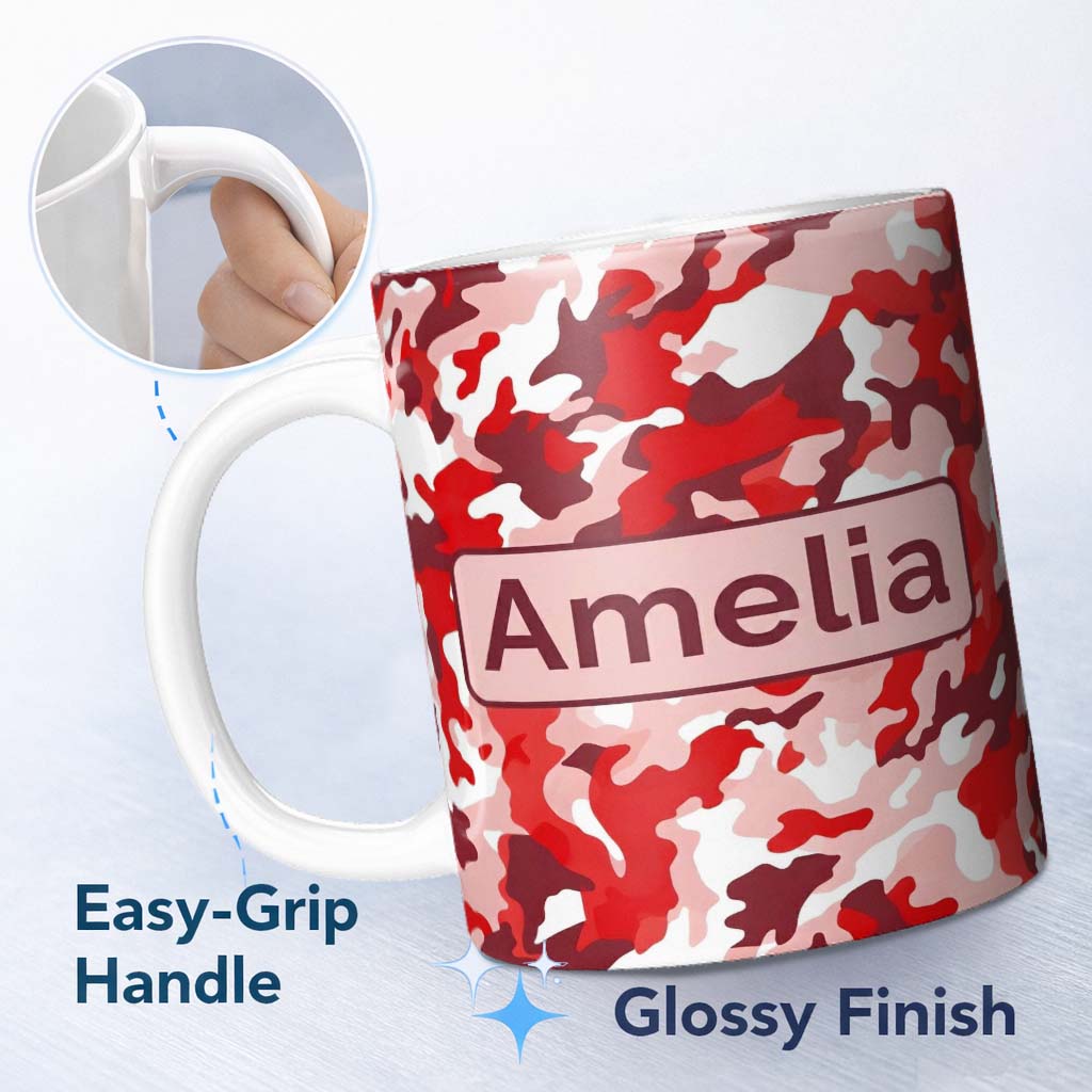 Personalized Custom Name Red Pink Abstract Camouflage Seamless Pattern Cute Unique Gift 11oz Ceramic Coffee Tea Mug White Large Handle