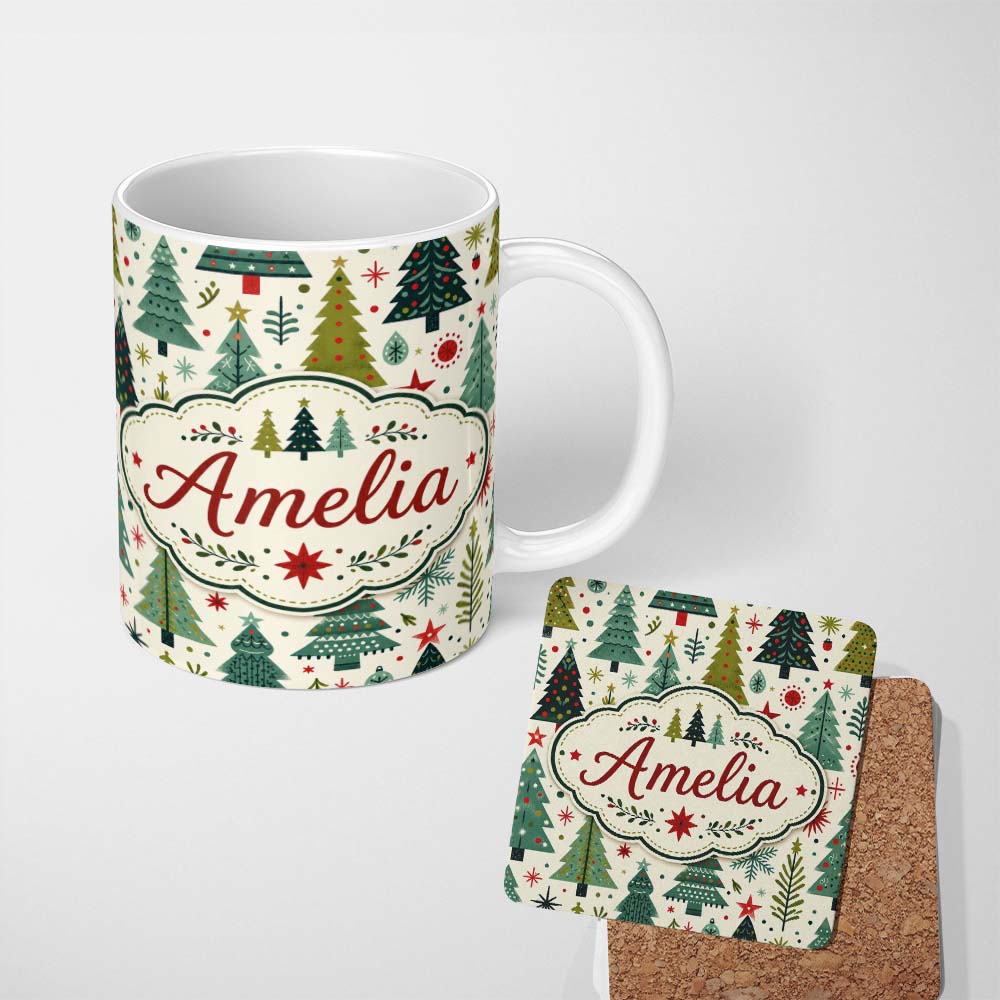 Personalized Custom Name Minimal Christmas Trees Stars Leaves Nordic Holiday Seamless Pattern 11oz Ceramic Coffee Tea Mug White Large Handle