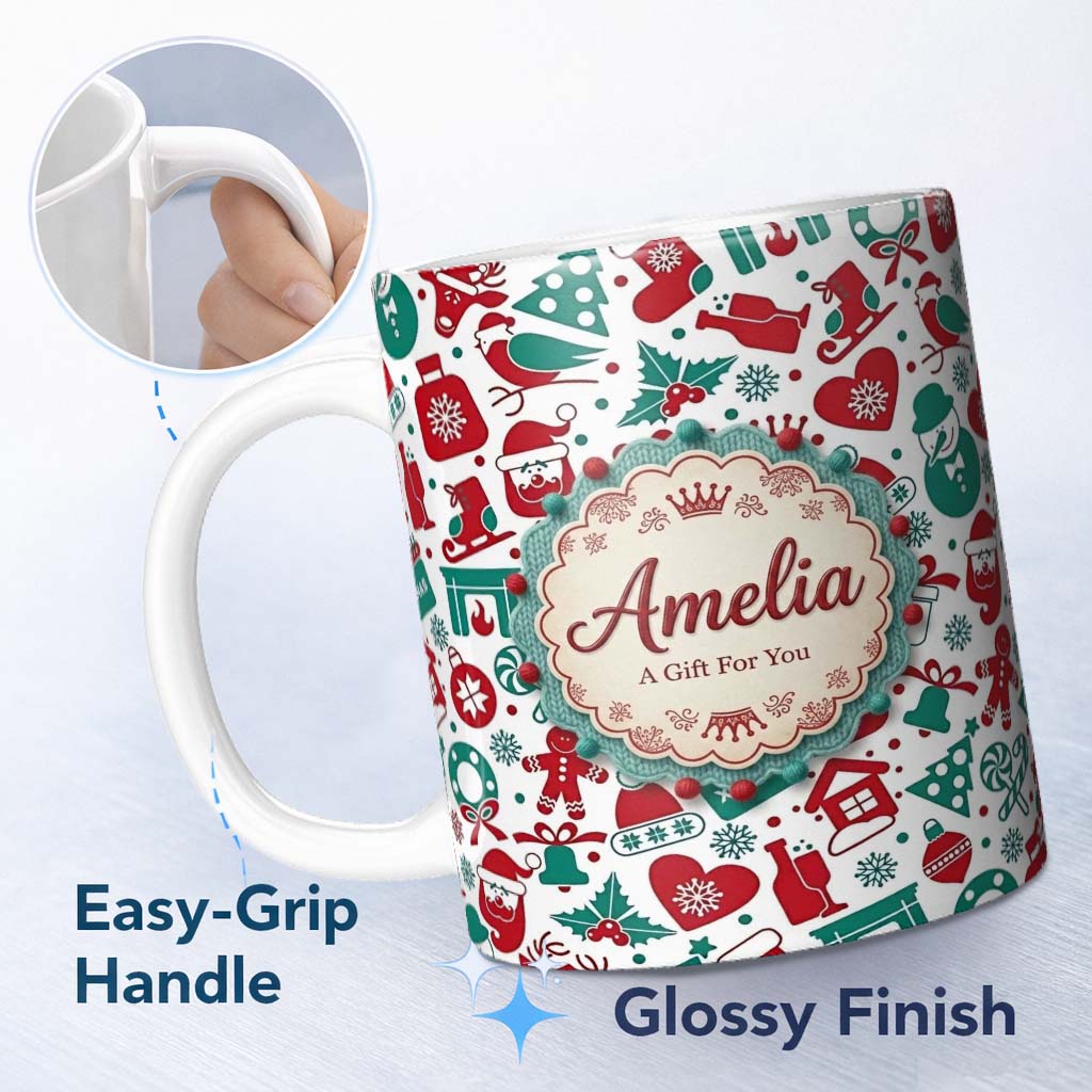 Personalized Custom Name Festive Christmas Santa Gift Snowman Tree Seamless Pattern Lovely 11oz Ceramic Coffee Tea Mug White Large Handle