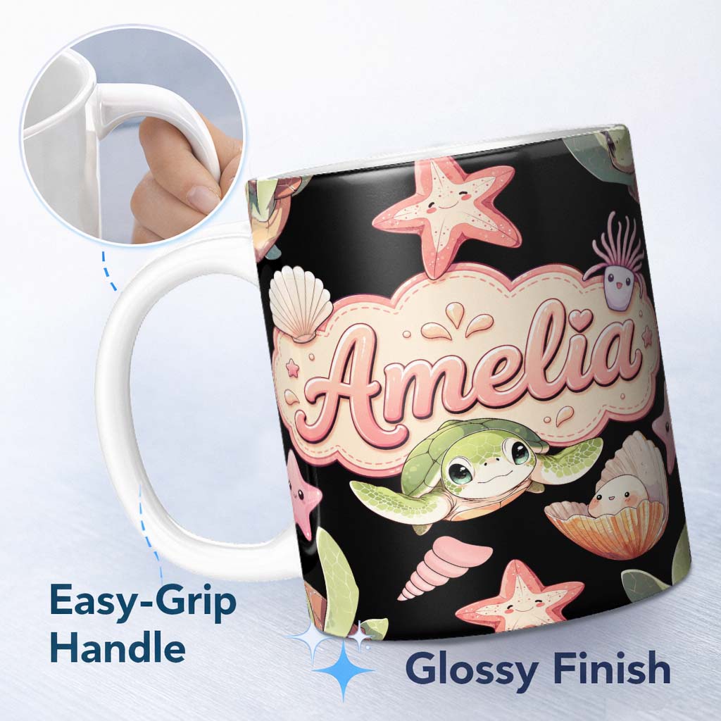 Personalized Custom Name Cute Kawaii Sea Turtle Starfish Shells Ocean Friends Black Lovely 11oz Ceramic Coffee Tea Mug White Large Handle