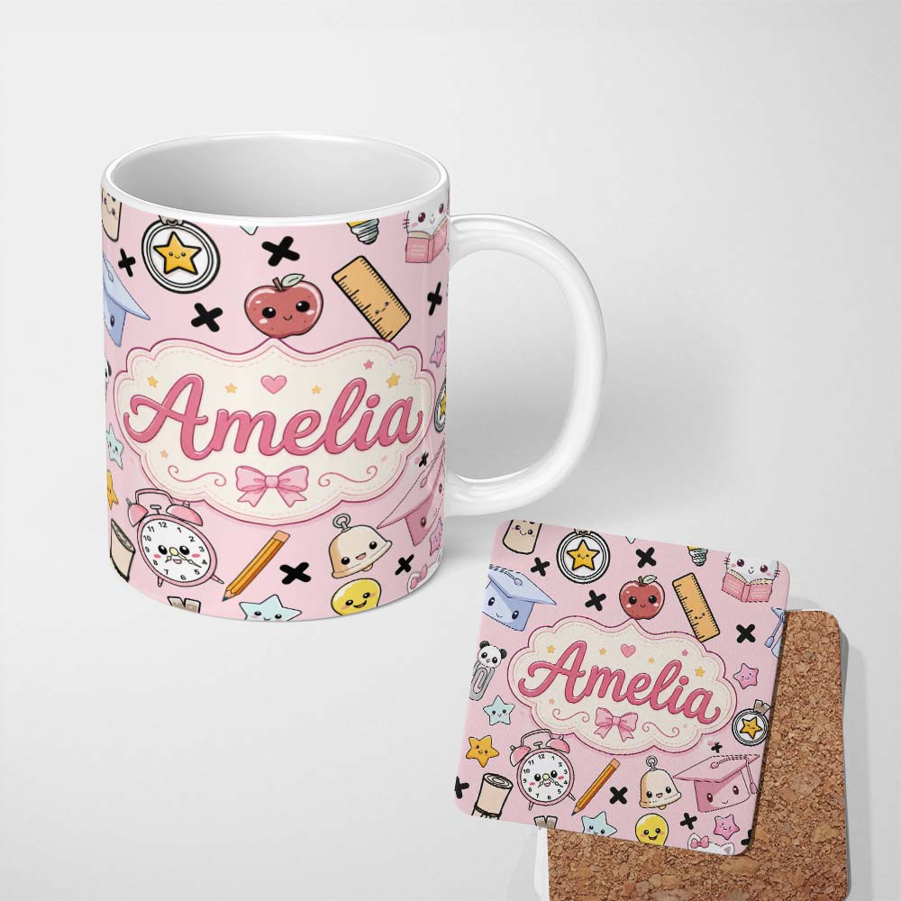 Personalized Custom Name Cute Kawaii School Supplies And Study Seamless Pattern Pink Lovely 11oz Ceramic Coffee Tea Mug White Large Handle