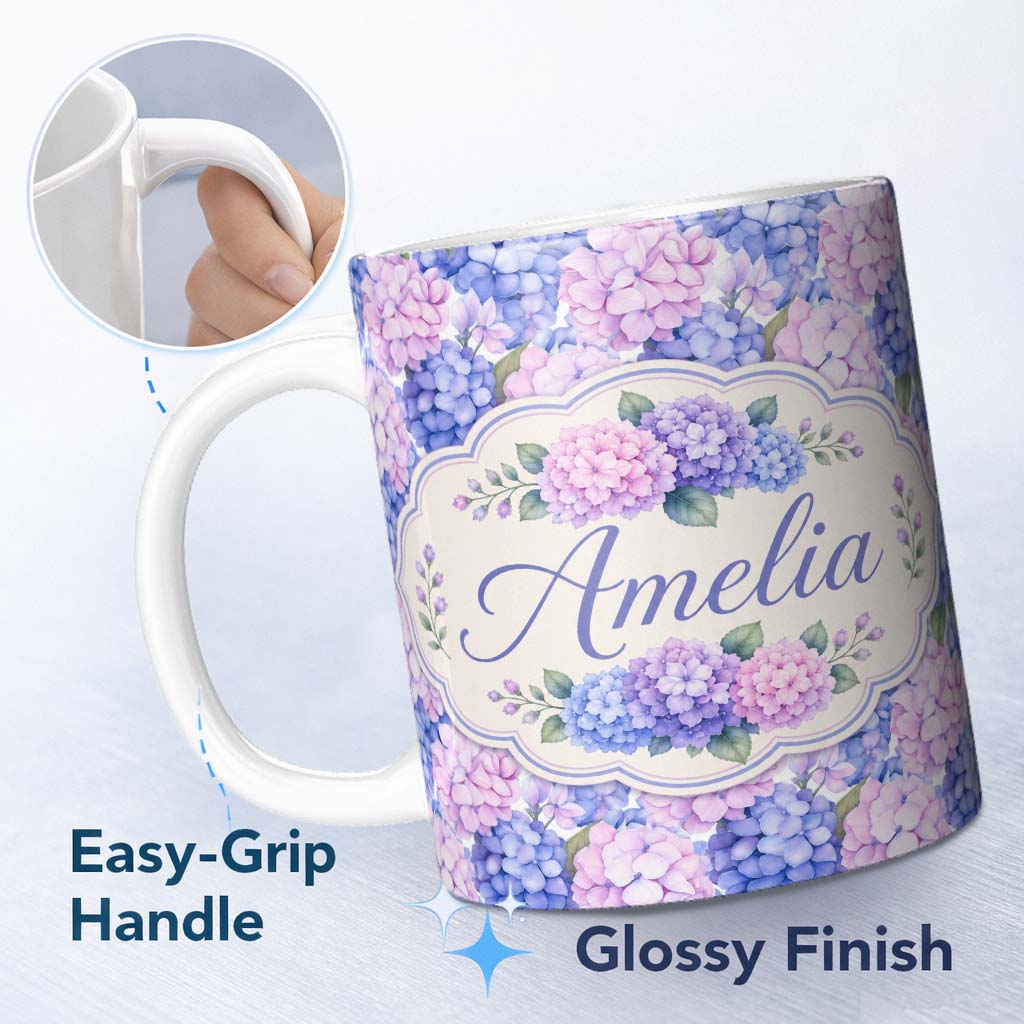 Personalized Custom Name Blue and Pink Hydrangea Blossom Seamless Pattern Cute Unique Gift 11oz Ceramic Coffee Tea Mug White Large Handle