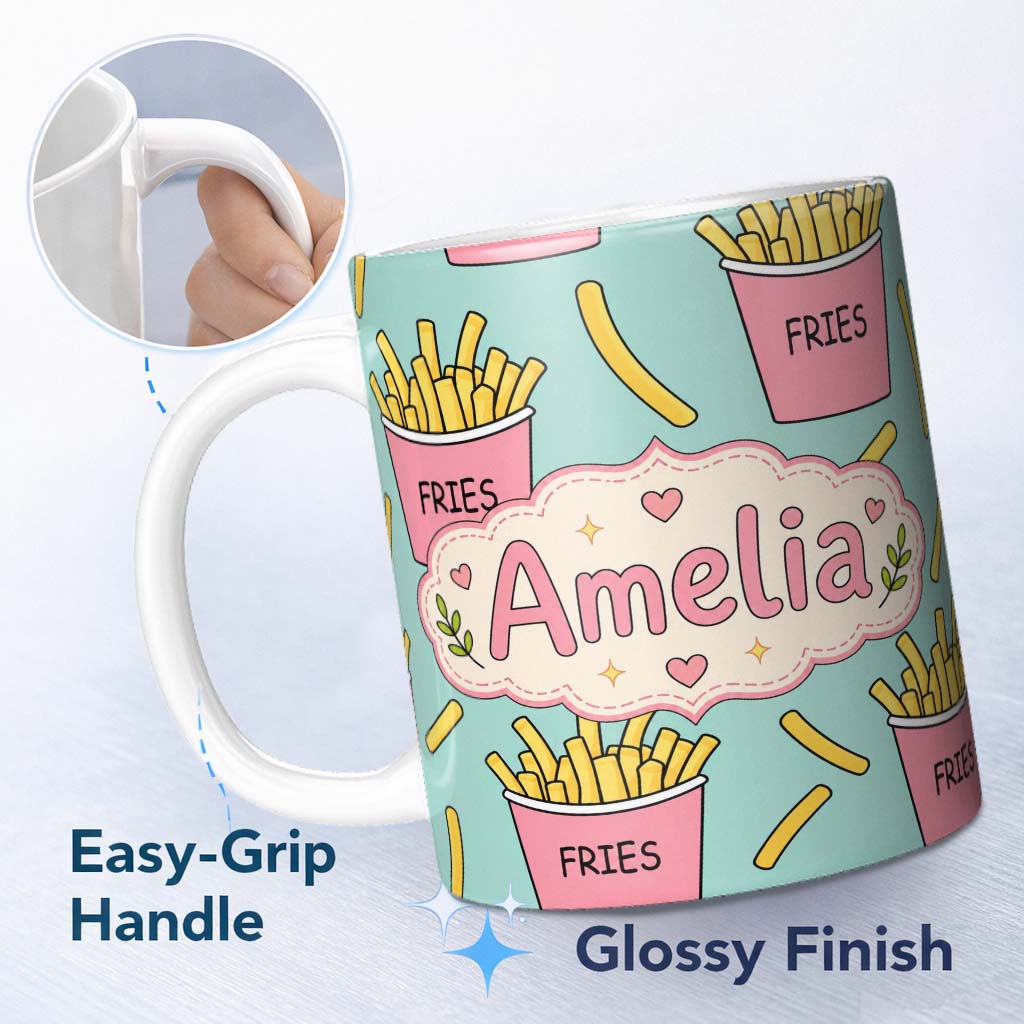 Personalized Custom Name Cute French Fries Cartoon Snack Seamless Pattern Pink Cups Mint 11oz Ceramic Coffee Tea Mug White Large Handle