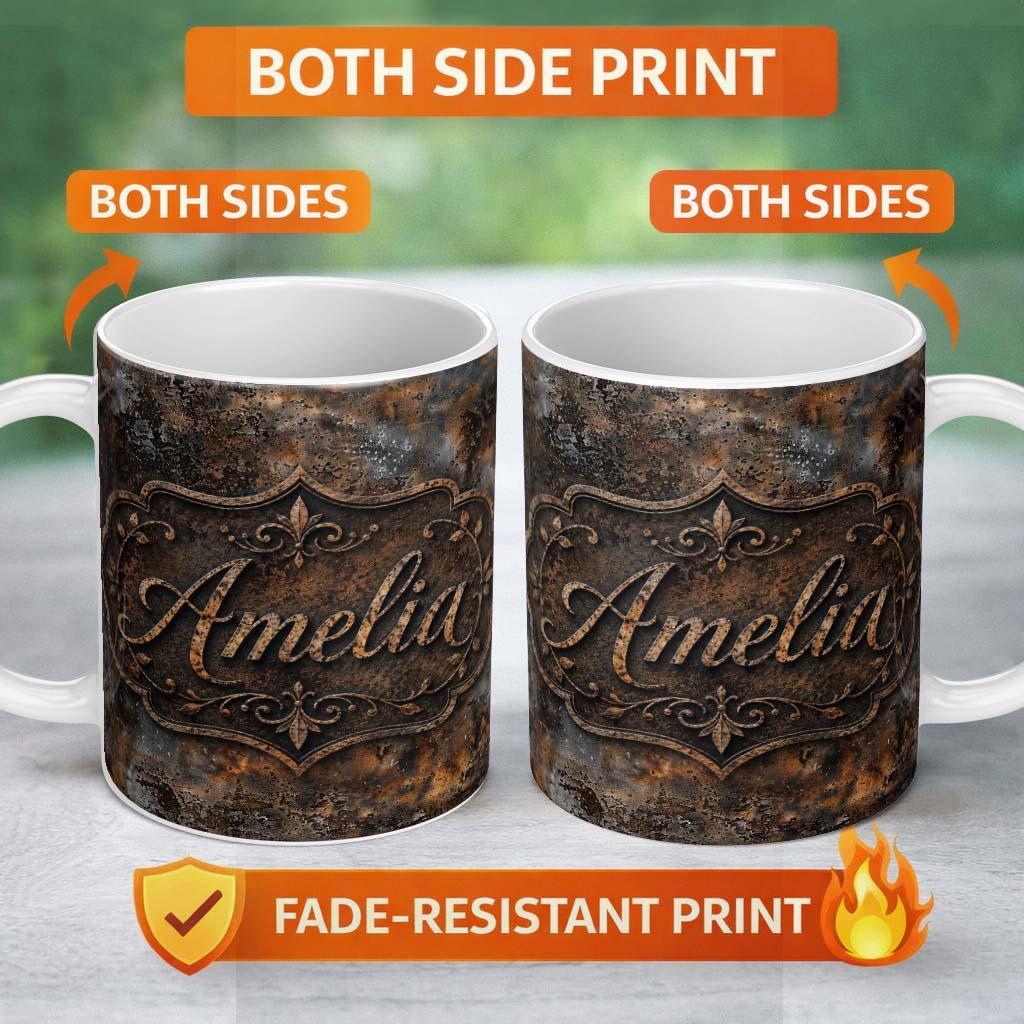 Personalized Custom Name Rust and Silver Corrosion Texture Abstract Grunge Seamless Pattern 11oz Ceramic Coffee Tea Mug White Large Handle