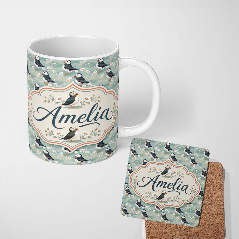 Personalized Custom Name Puffin and Daisy Floral Pattern Soft Botanical Seamless Design 11oz Ceramic Coffee Tea Mug White Large Handle