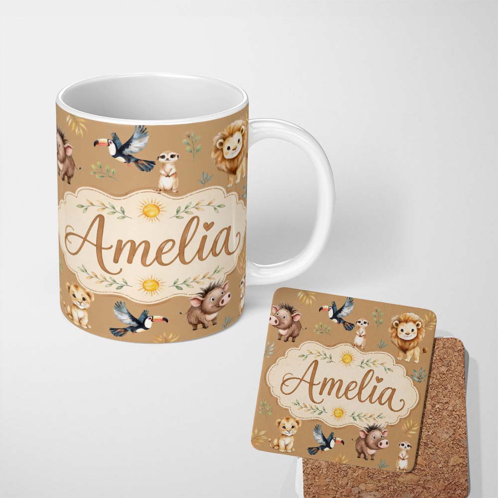 Personalized Custom Name Jungle Animals Lion Meerkat Toucan Boar on Brown Seamless Pattern 11oz Ceramic Coffee Tea Mug White Large Handle