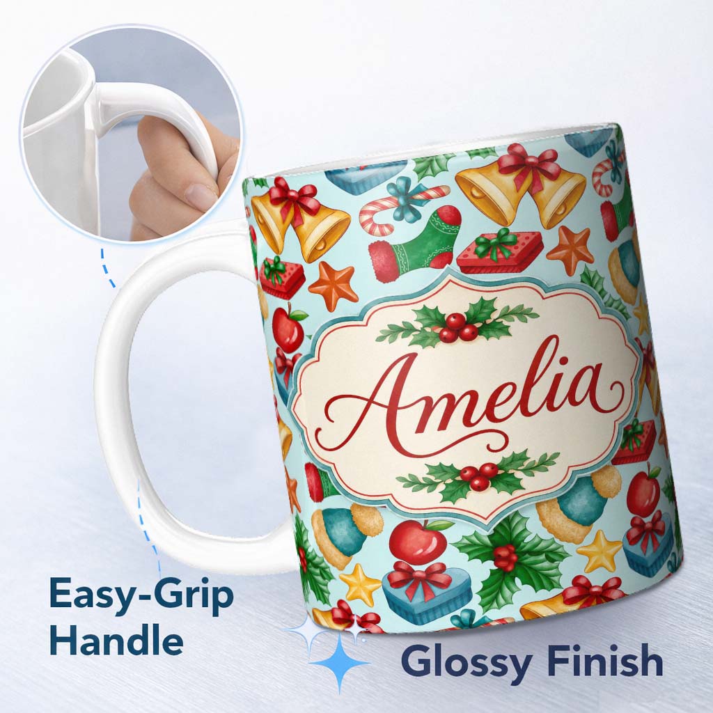 Personalized Custom Name Bright Christmas Gift Bell Apple Festive Seamless Pattern Lovely 11oz Ceramic Coffee Tea Mug White Large Handle