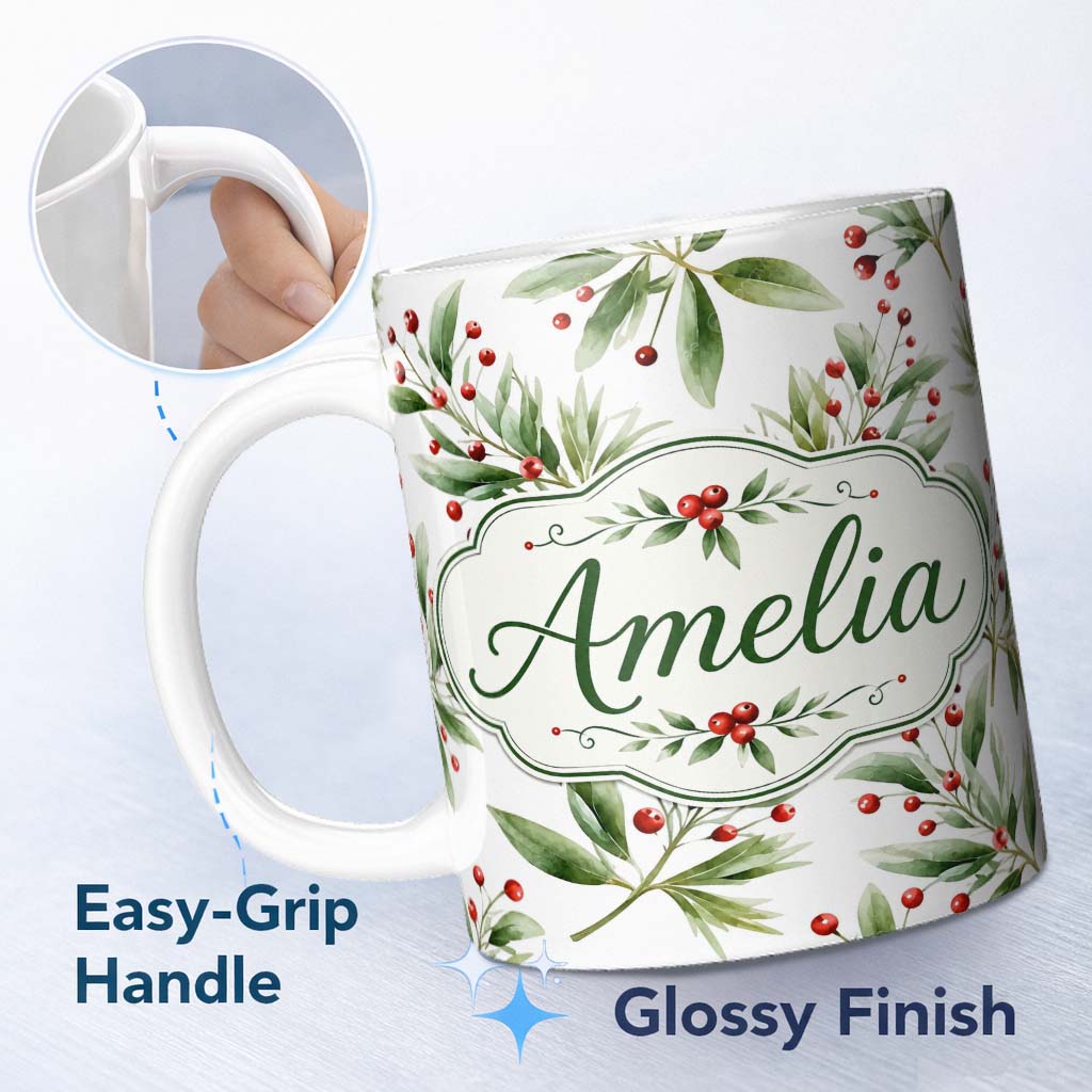 Personalized Custom Name Green Leaves Red Berry Botanical Elegant Seamless Pattern Lovely 11oz Ceramic Coffee Tea Mug White Large Handle