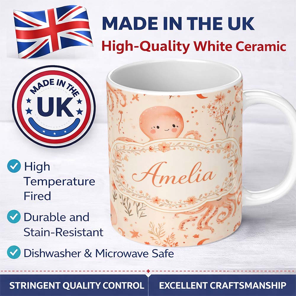 Personalized Custom Name Kawaii Octopus Ocean Seamless Pattern Perfect Gift for Her Lovely 11oz Ceramic Coffee Tea Mug White Large Handle