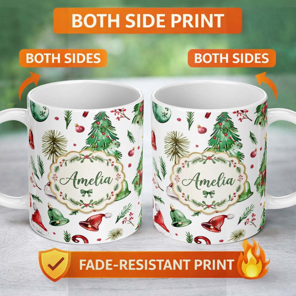 Personalized Custom Name Watercolor Christmas Tree Bell Santa Hat Holiday Seamless Pattern 11oz Ceramic Coffee Tea Mug White Large Handle