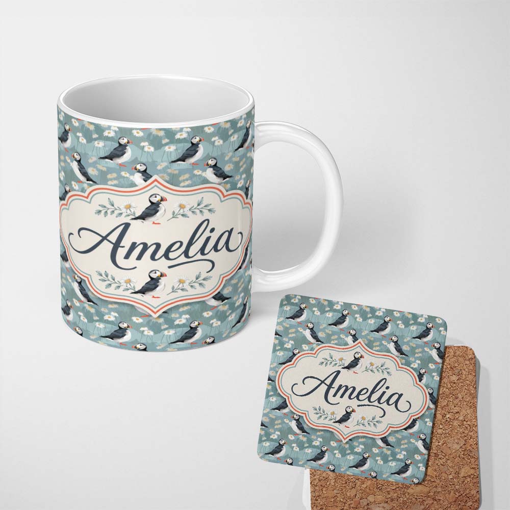 Personalized Custom Name Puffin and Daisy Field Pattern Soft Blue Nature Seamless Design 11oz Ceramic Coffee Tea Mug White Large Handle