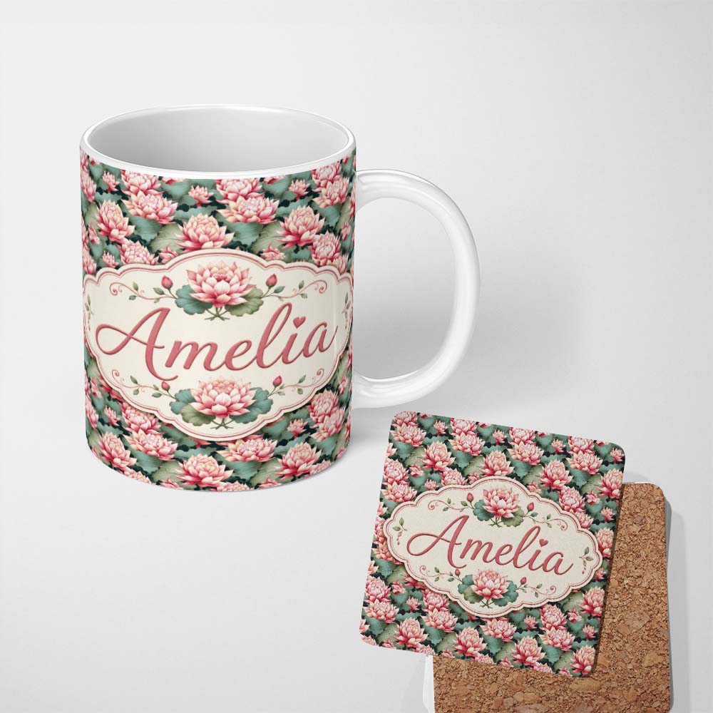 Personalized Custom Name Vibrant Pink Lotus Flowers on Dark Background Botanical Pattern 11oz Ceramic Coffee Tea Mug White Large Handle