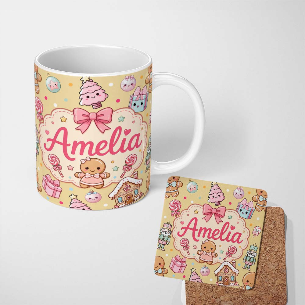 Personalized Custom Name Cute Christmas Gingerbread Candy House Gifts Seamless Pattern Yellow 11oz Ceramic Coffee Tea Mug White Large Handle