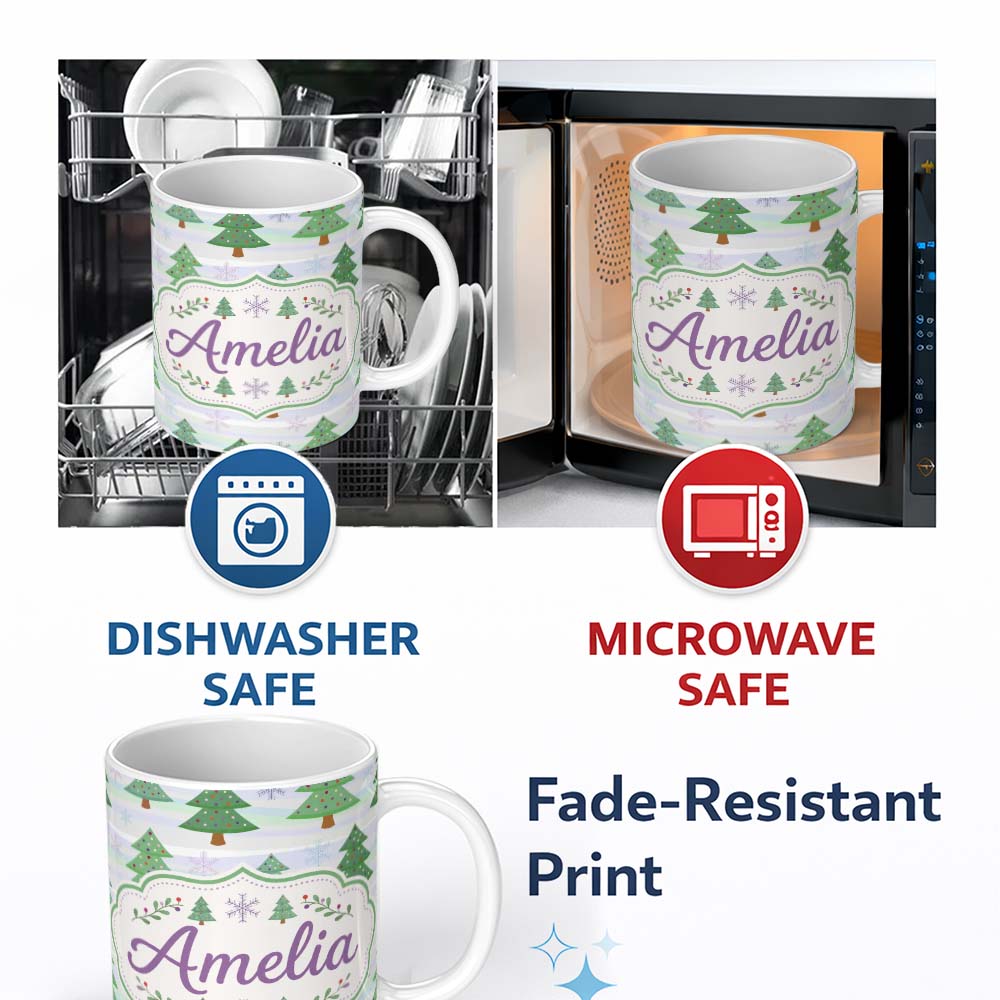 Personalized Custom Name Pastel Christmas Trees with Snowflakes and Soft Stripes Seamless 11oz Ceramic Coffee Tea Mug White Large Handle