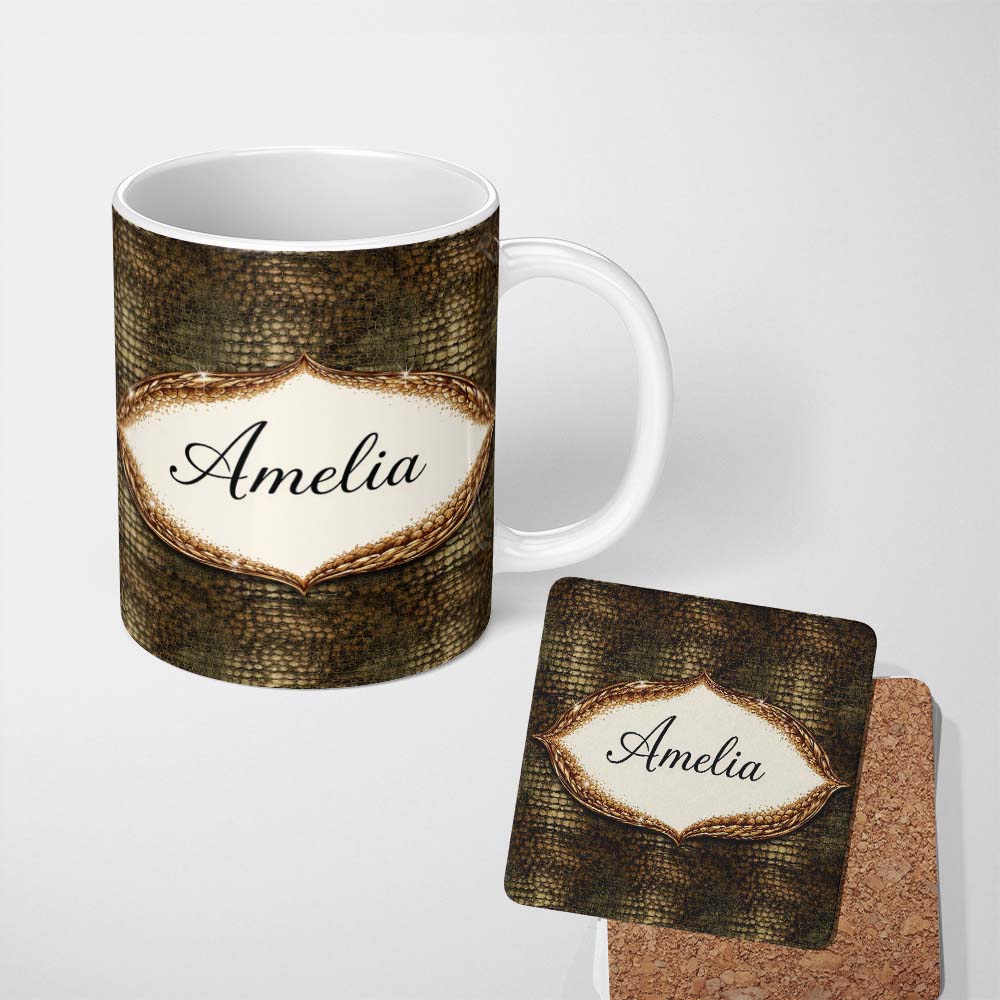 Personalized Custom Name Deep Teal Crocodile Texture Pattern Realistic Exotic Skin Design 11oz Ceramic Coffee Tea Mug White Large Handle