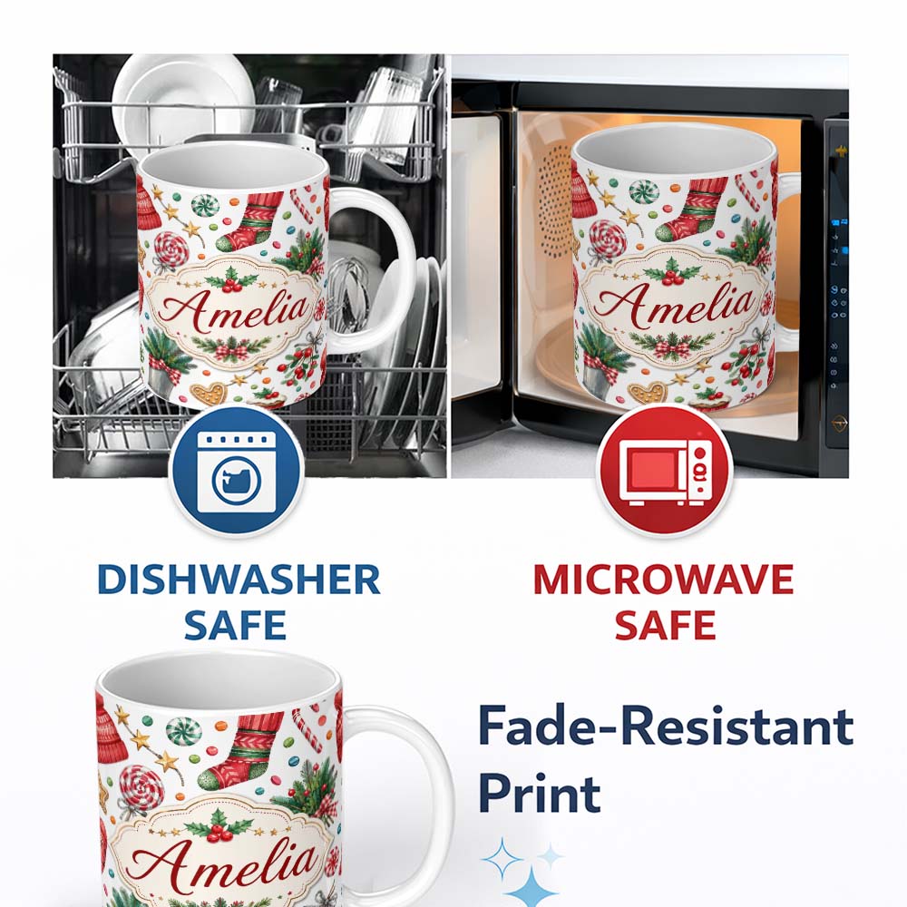 Personalized Custom Name Festive Candy Cane Cupcake Sweets Holiday Seamless Pattern Lovely 11oz Ceramic Coffee Tea Mug White Large Handle