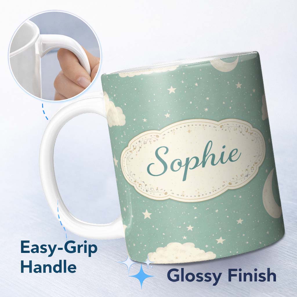 Personalized Custom Name Soft Teal Moon Stars Dreamy Sky Seamless Pattern Cute Unique Gift 11oz Ceramic Coffee Tea Mug White Large Handle