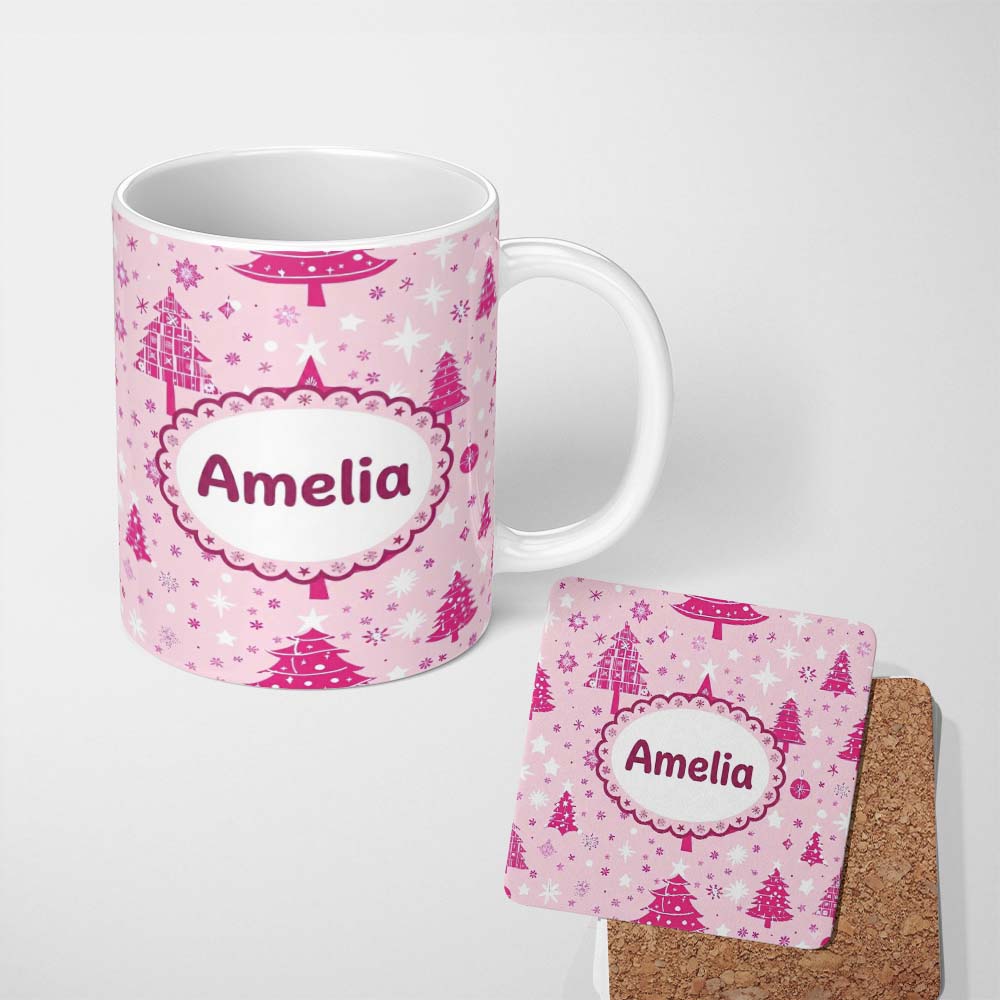 Personalized Custom Name Pink Christmas Tree Snowflake Star Winter Seamless Pattern Lovely 11oz Ceramic Coffee Tea Mug White Large Handle