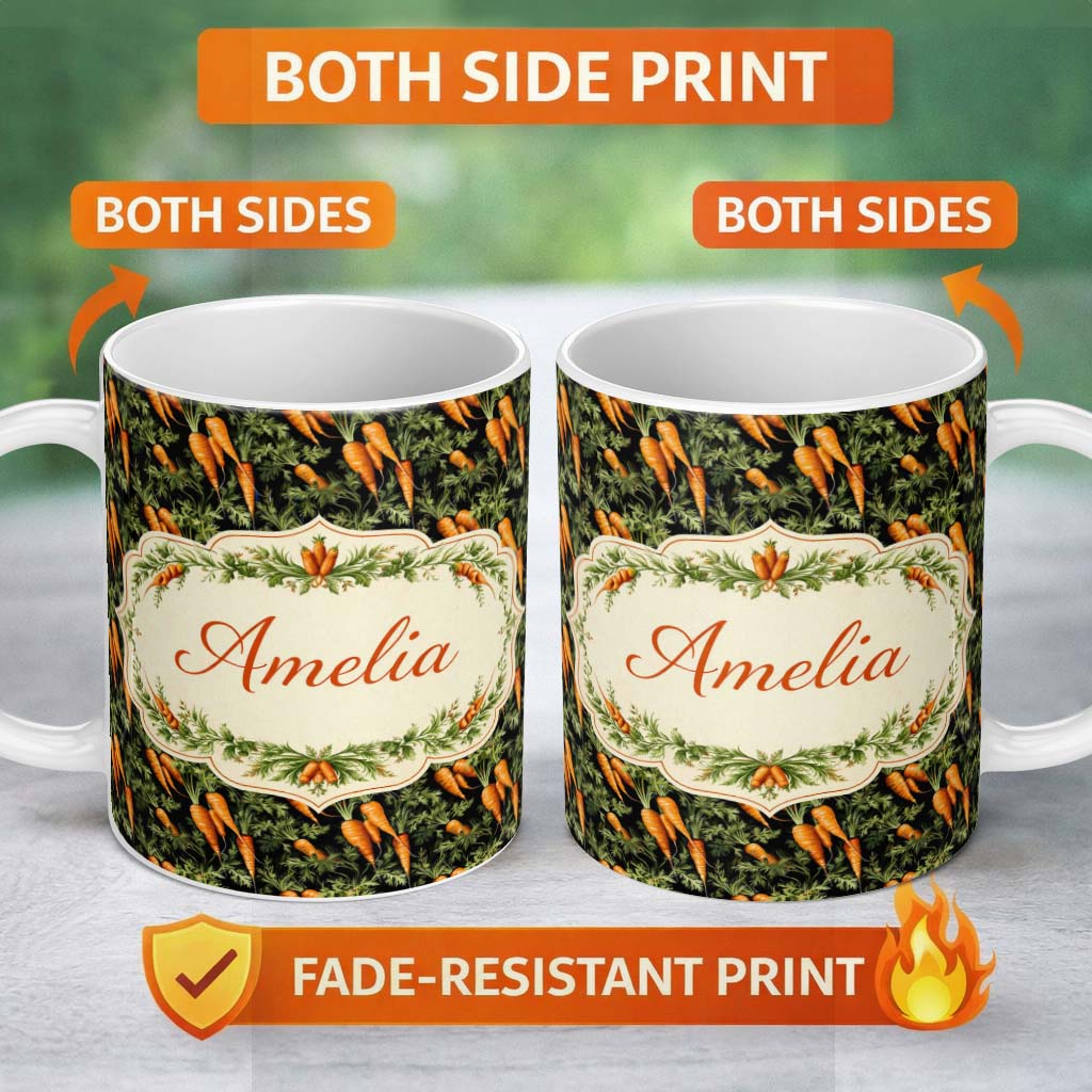 Personalized Custom Name Dark Background Carrot Harvest Botanical Seamless Pattern Lovely 11oz Ceramic Coffee Tea Mug White Large Handle